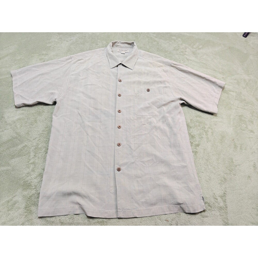 Porcini Mens L Beige 100% Silk Short Sleeve Button Front Camp Shirt